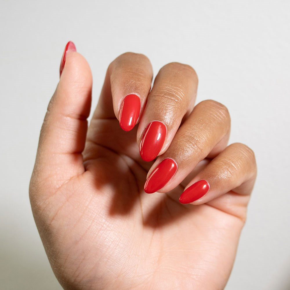 Gelous Imperfect True Red Mini gel nail polish - photographed in New Zealand on model