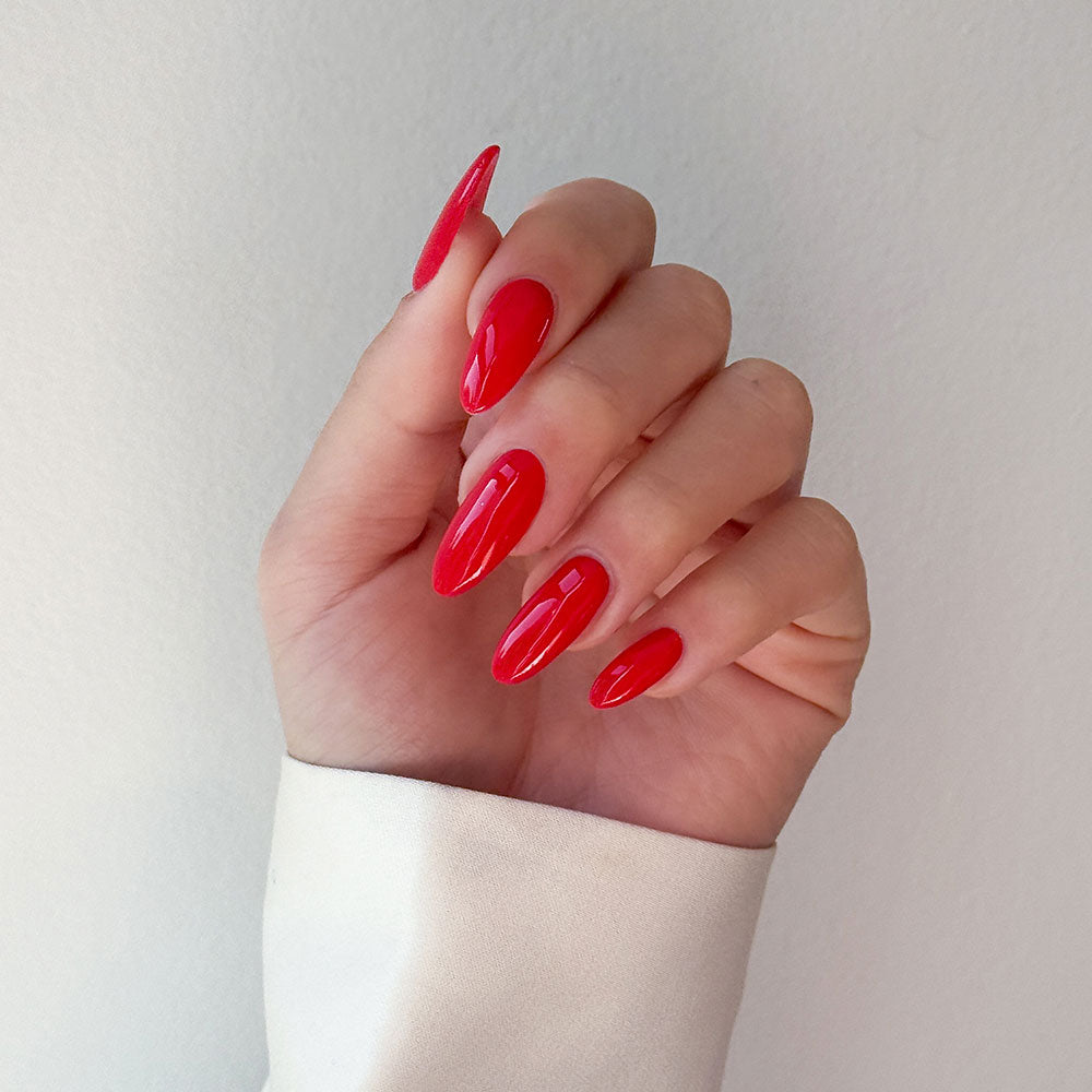 Gelous Imperfect Bold Red Mini polish - photographed in New Zealand on model