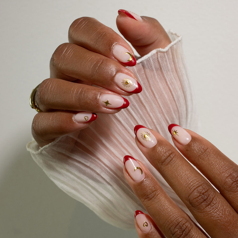 Gelous Gold Celestial Nail Art Stickers product photo - photographed in New Zealand on model