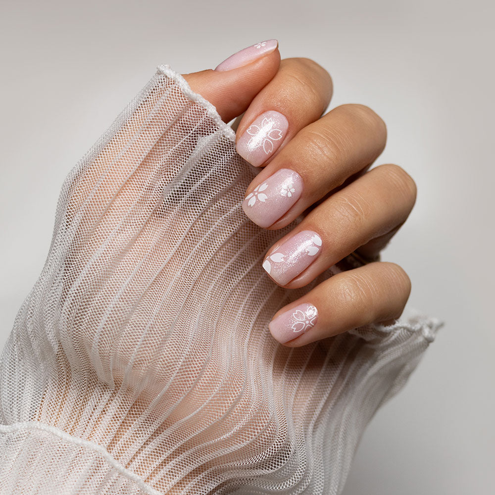 Gelous Milky Pink Builder, Shimmer Top Coat, and White Magnolia Nail Art Stickers - photographed in New Zealand on model
