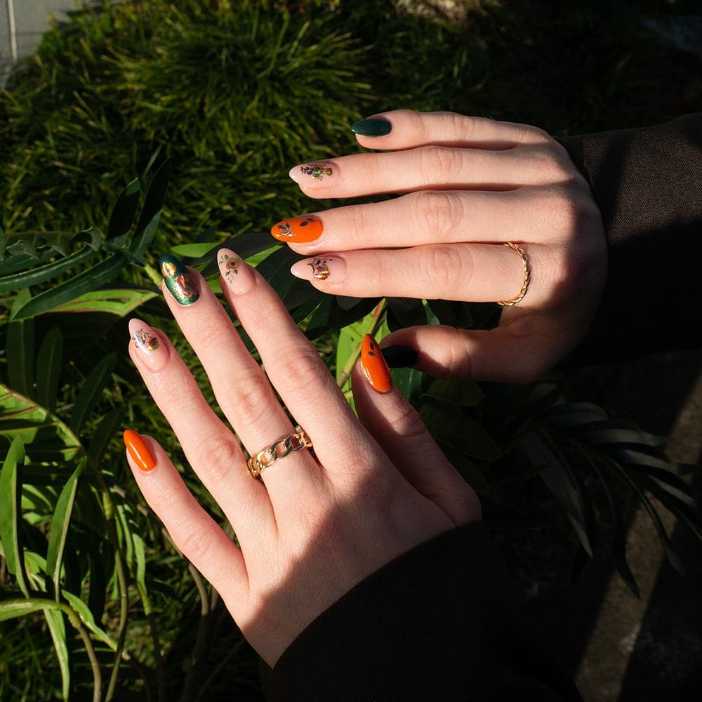 Gelous Orange Marigolds Nail Art Stickers - photographed in New Zealand on model