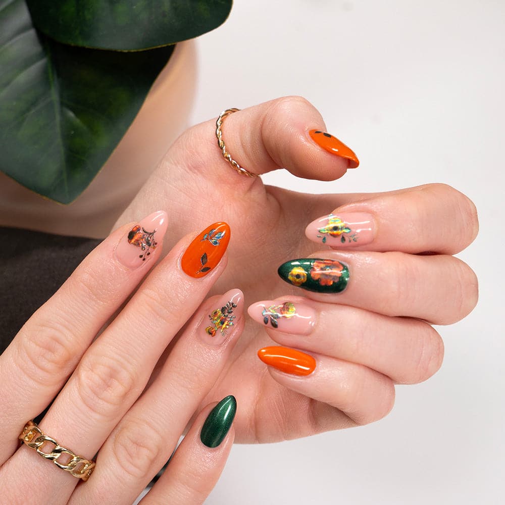 Gelous Orange Marigolds Nail Art Stickers - photographed in New Zealand on model