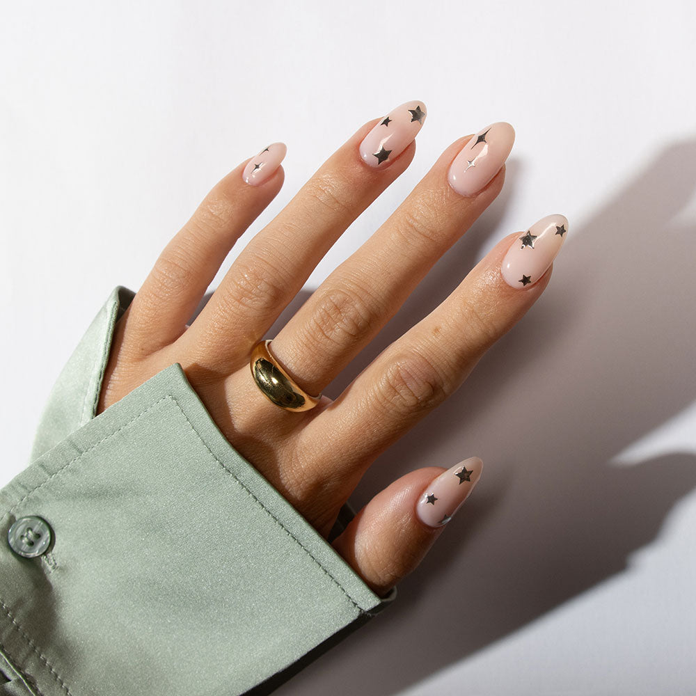 Gelous Silver Star Nail Art Stickers product photo - photographed in New Zealand on model