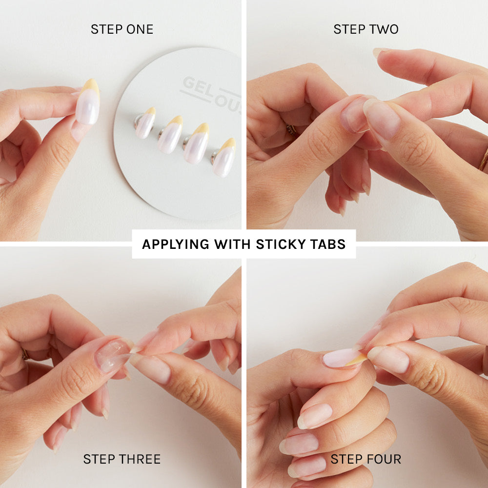 Step-by-step process applying Nail Tips with Sticky Tabs - photographed in New Zealand
