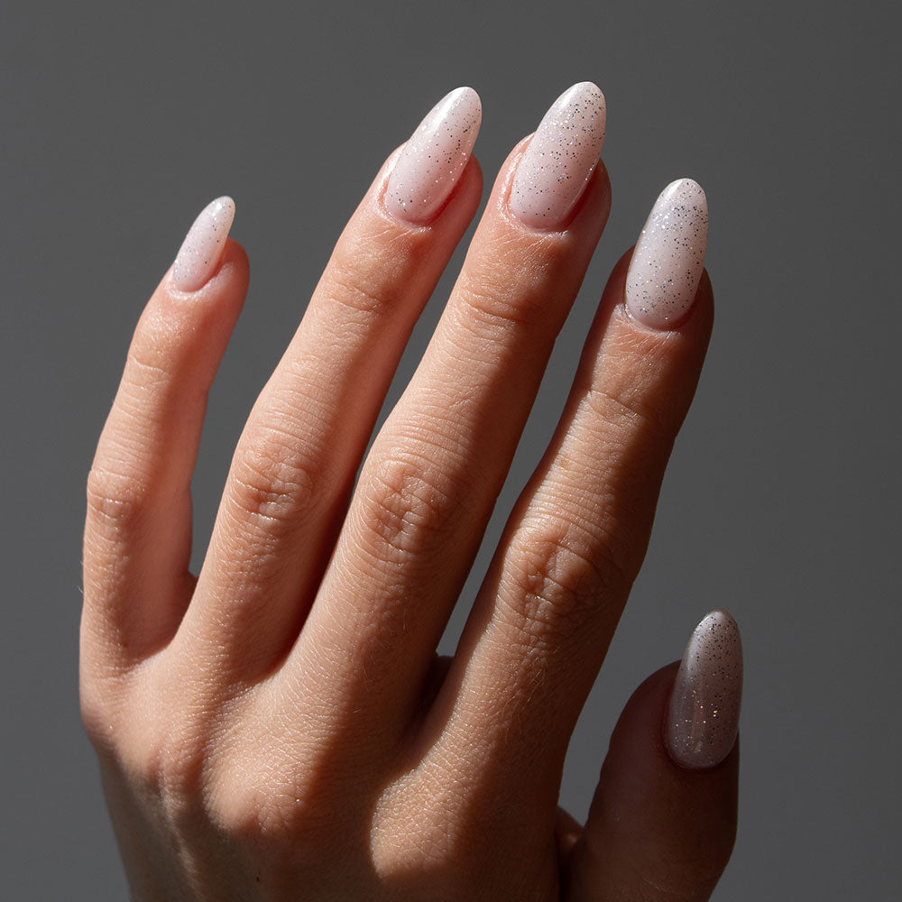 Gelous Fine Glitter Top Coat gel nail polish on model - photographed in New Zealand