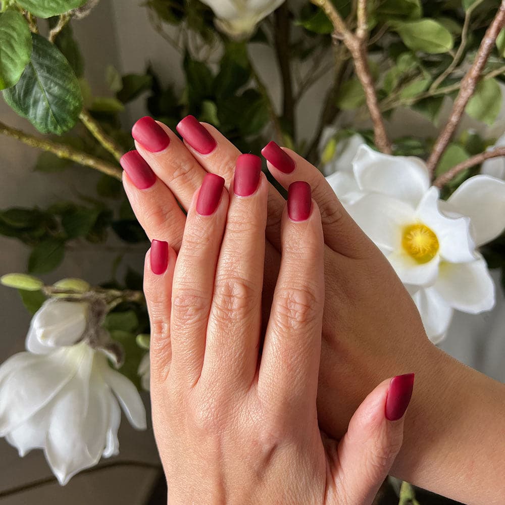 Gelous Matte Top Coat on Rich Mahogany gel nail polish - photographed in New Zealand on model