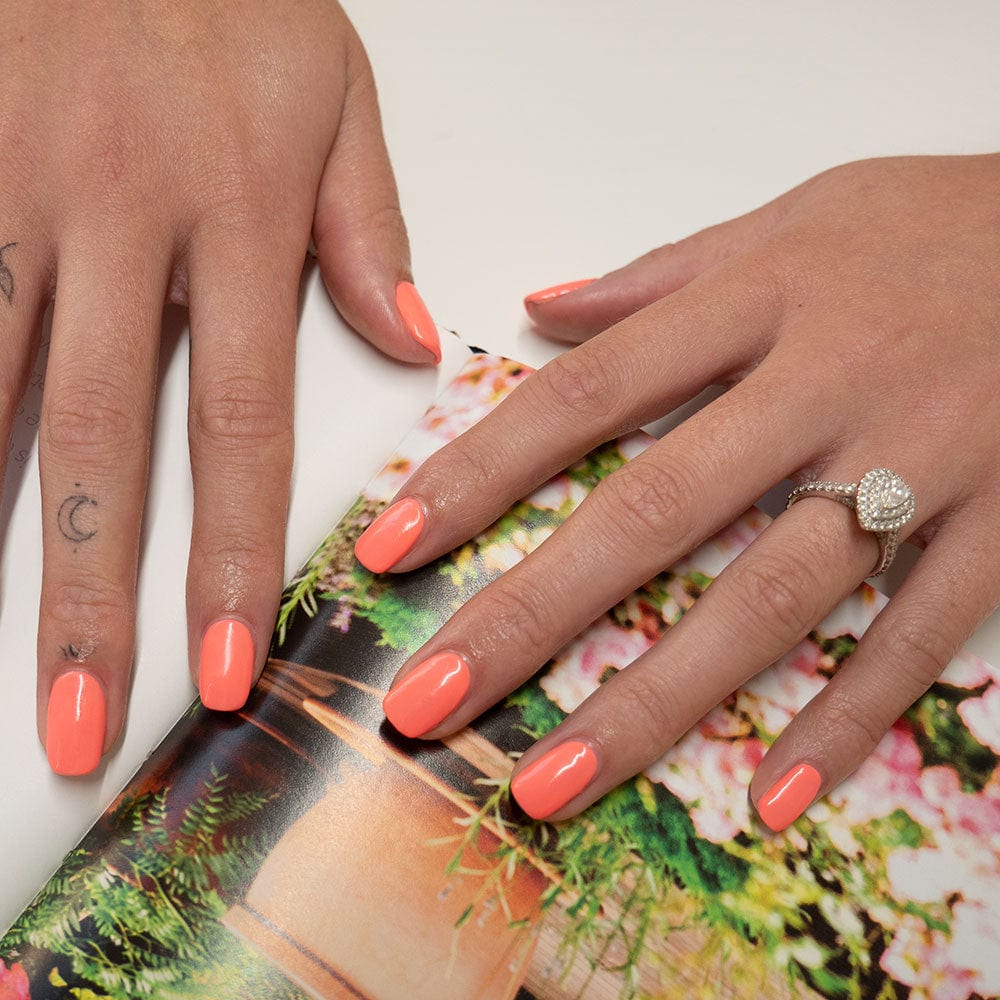 Gelous Coral Baskin gel nail polish - photographed in New Zealand on model
