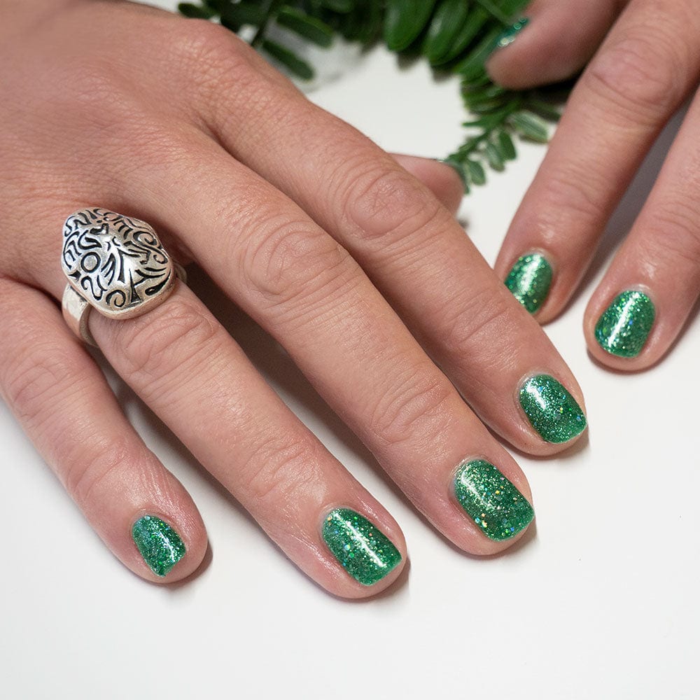 Gelous Green Tinsel gel nail polish - photographed in New Zealand on model