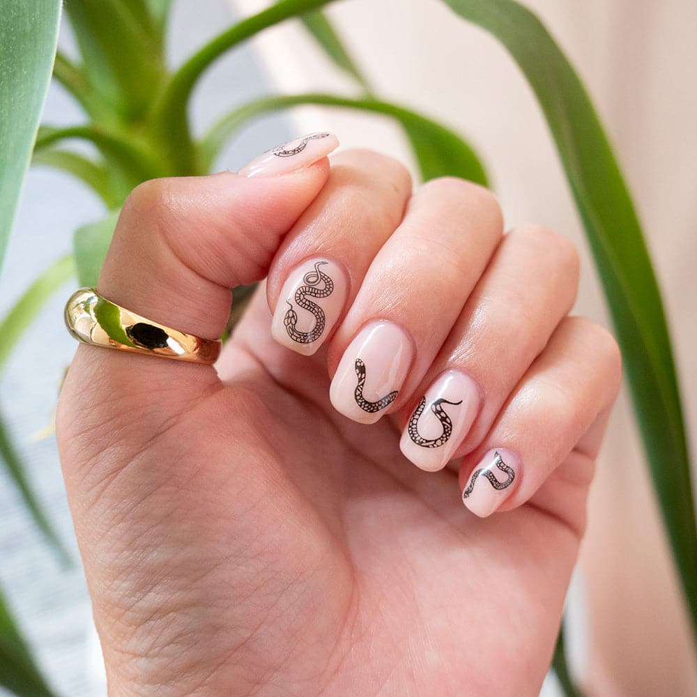Gelous Black &amp; White Snakes Nail Art Stickers - photographed in New Zealand on model