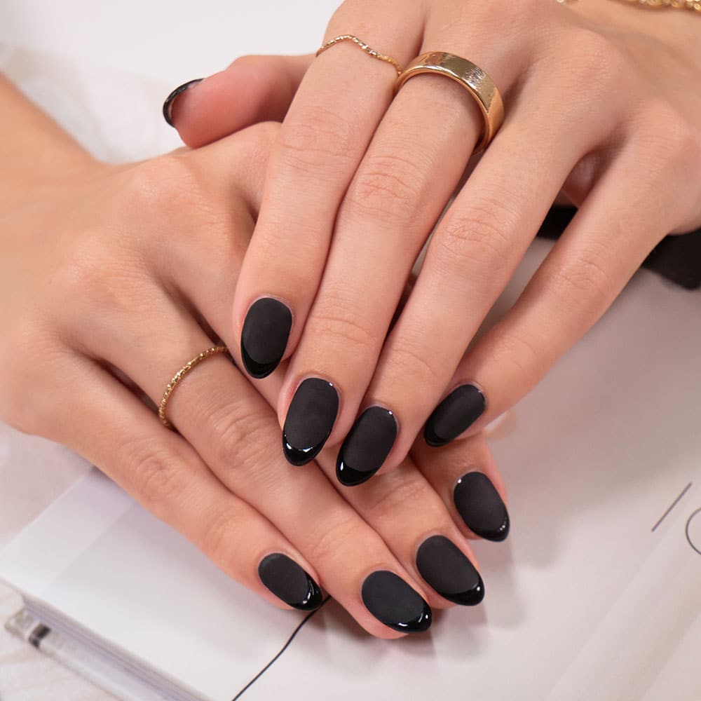 Gelous Matte Top Coat on Black Out gel nail polish - photographed in New Zealand on model